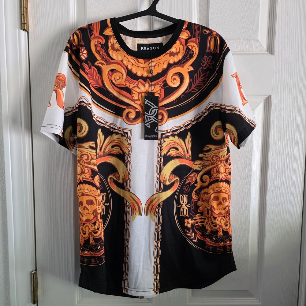 Reason Brand Mens Baroque Skull Graphic T-Shirt Black Gold Filigree Medium